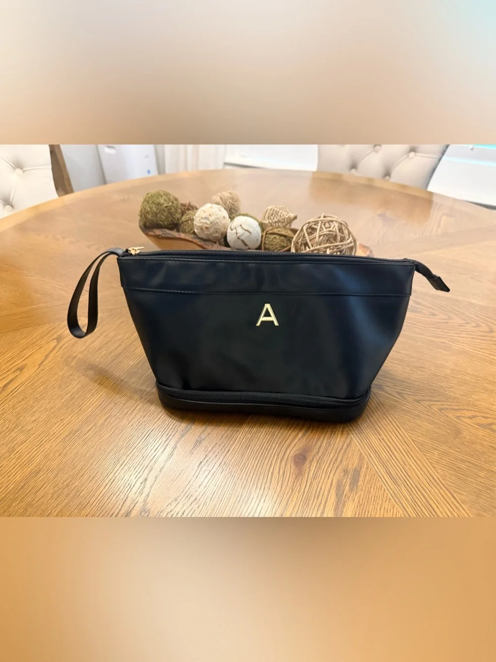 Black Nylon Travel Makeup Cosmetic Toiletry Bag Gold Initial A Wristlet 12.5”